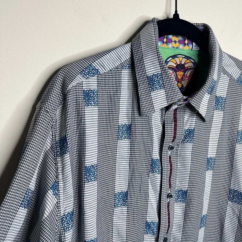 Robert Graham Houndstooth Stripe Embroidered Dress Shirt Large - Picture 4 of 15